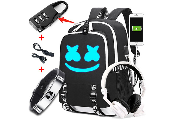 New Night Light Marshmello Backpacks with USB Charger School Bags for Teenagers Boys Girls Big Capacity School Backpack Waterproof Satchel Kids Book