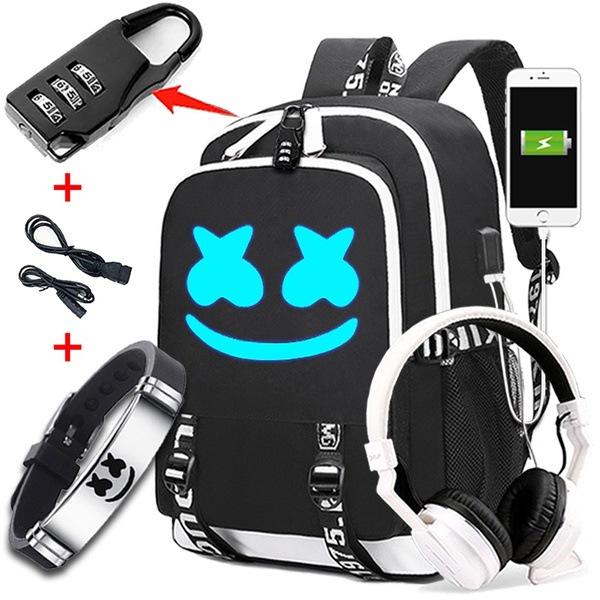 New Night Light Marshmello Backpacks with USB Charger School Bags for Teenagers Boys Girls Big Capacity School Backpack Waterproof Satchel Kids Book Bag( Backpack & DJ Bracelet Safety Lock) | Wish