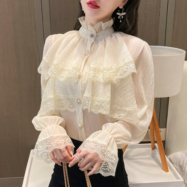 Women Chiffon Ruffles Shirt Tops Blouse Flare Sleeve Sweet Lolita Frill
