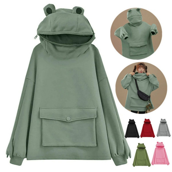 Women s Girl s Cute Frog Hoodie Pullover Zipper Mouth Hooded Sweatshirt with Large Front Pocket