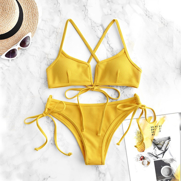 Women s Swimsuit Solid Yellow Lace Up Bandgae Bikini High Cut Push