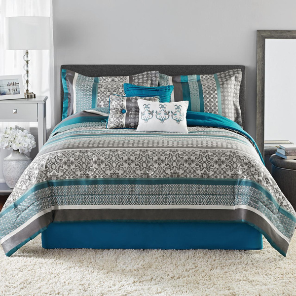Mainstays Princeton Teal Stripe 7 Piece Comforter Bedding Set Size: Full/Queen