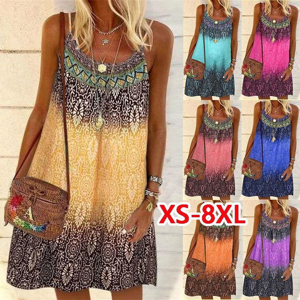 Fashion Women Summer Beach Dress Rose Flower Print Bohemian Loose Sling  Dresses Sleeveless A-Line Dresses