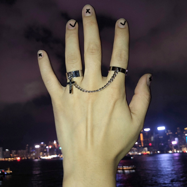 Double Finger Chain Rings for Women Men Hip Hop Punk Cross Silver Color  Chain Ring Adjustable Double Link Rings Fashion Gothic Opening Ring