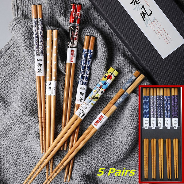 Reusable 5 Pairs Set Handmade Bamboo Japanese Natural Wood Chopsticks Sushi  Food Wooden Chop Sticks