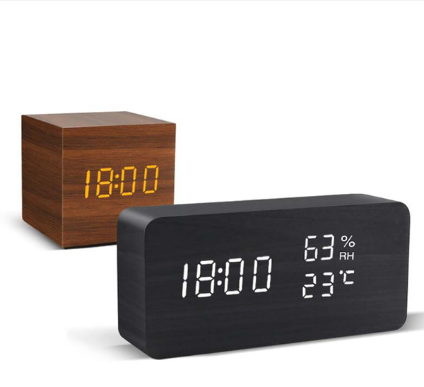 white light Alarm Clock LED Wooden Watch Table Voice Control Digital