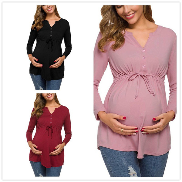 Women's Maternity Solid Tops Long Sleeve Pregnancy Shirt Scoop