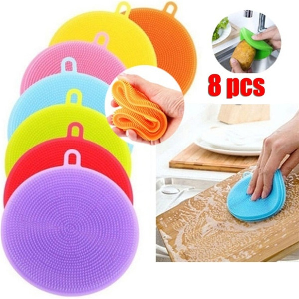 Clean Silicone Scrubber Foam Pack of 8,Colored Sponge Silicone Sponge  Scouring Pad,Reusable and Dishwashing Silicone Brush