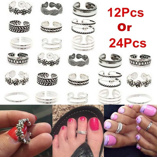 12Pcs/Set Or 24pcs/set Vintage Simple Carved Silver Adjustable Toe Ring Bohemian Summer Sexy