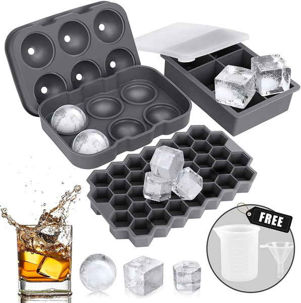 Ice Cube Tray, Ice Trays for Freezer With Lid, 3 Pack Silicone Large Round  Ice Cube Tray, Sphere Square Honeycomb Ice Trays for Whiskey With  Covers&Funnel, Reusable Whiskey Ice Ball Mold Grey