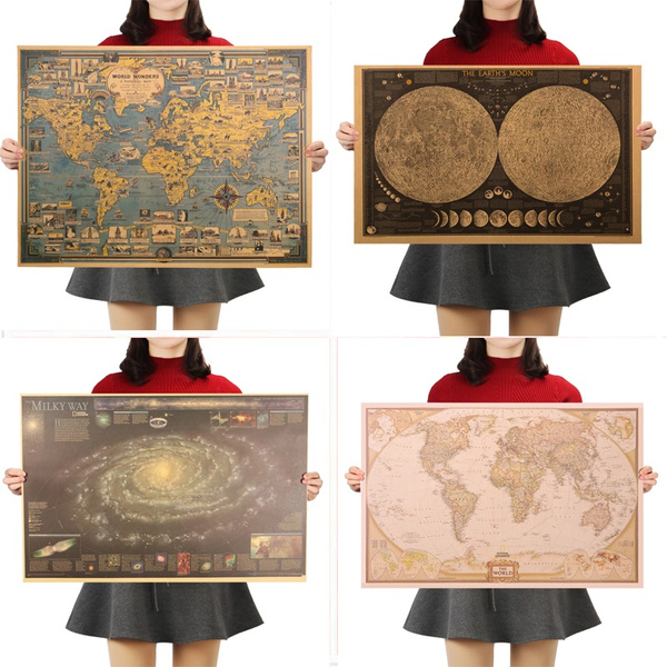 Large Vintage Retro Paper Earth Moon World Map Poster Wall Chart Home ...
