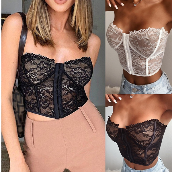 Women Strapless Backless Breasted Lace Bustier Corset Bra Cami Crop Tops  Off Shoulder Slim Party Night Clubwear Camisole Tank Tops