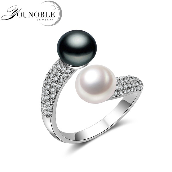 Real Sterling Silver Double Pearl Rings Women,Daughter Gift Bridal Black Ring 