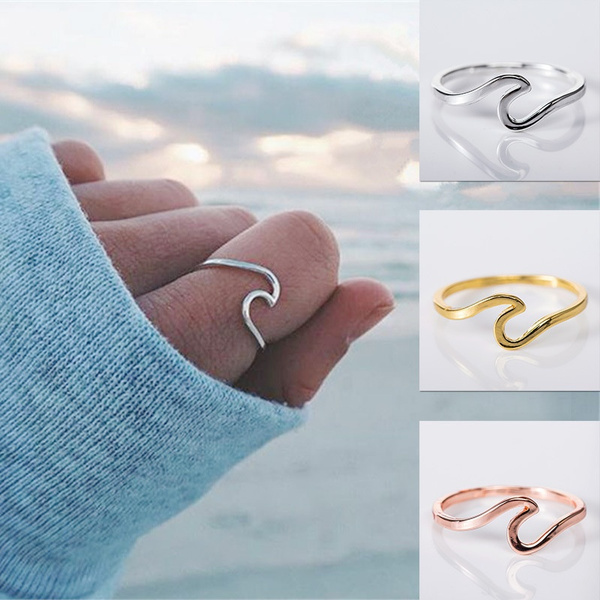 Fashion 925 Silver Simple Dainty Thin Wave Ring Beach Sea Surfer Island Jewelry 
