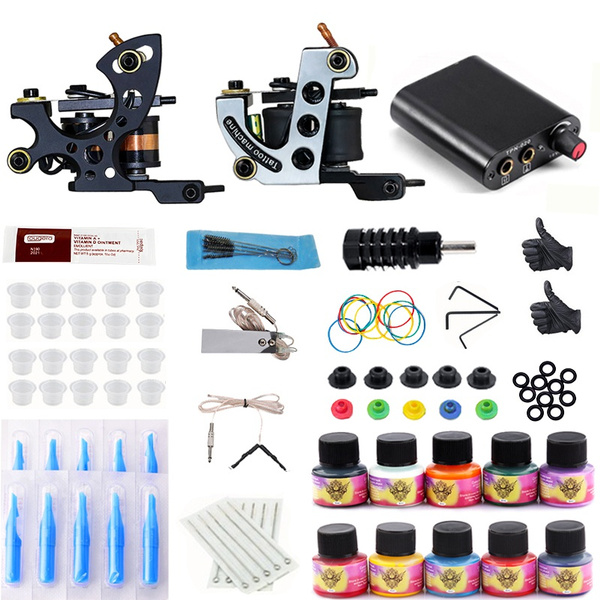 Complete Tattoo Kit 2 Machine Gun 10 Color Inks Power Supply