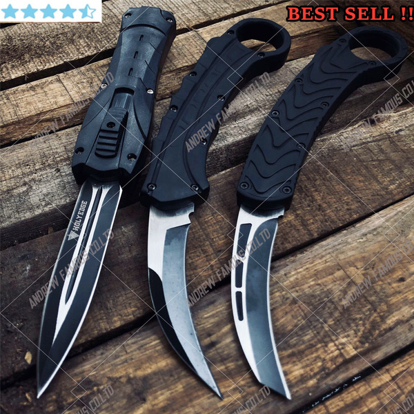 Black Tactical OTF Knife - Spring-Assisted Switchblade - Double