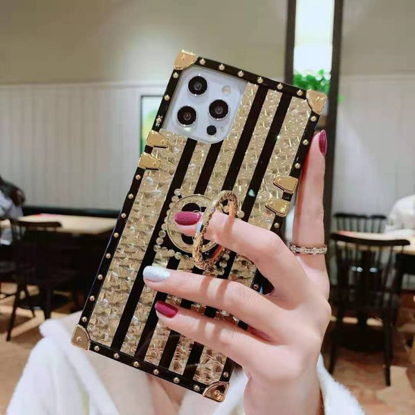Luxury Rose Flower Cover Glitter Gold Line Square Phone Case For iPhone 15  PRO MAX 14 PRO 13 Pro Max 11 12 Pro MAX XS XR 7 8 15