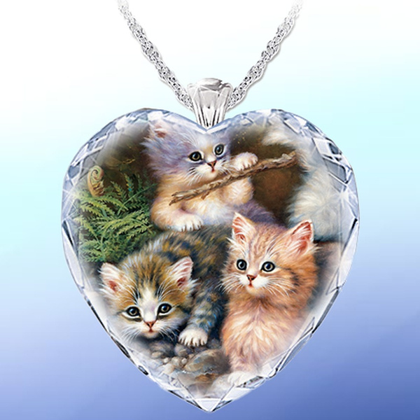Vintage Cats Photo Cabochon Glass Silver Chain Pendant Necklace Fashion Jewelry