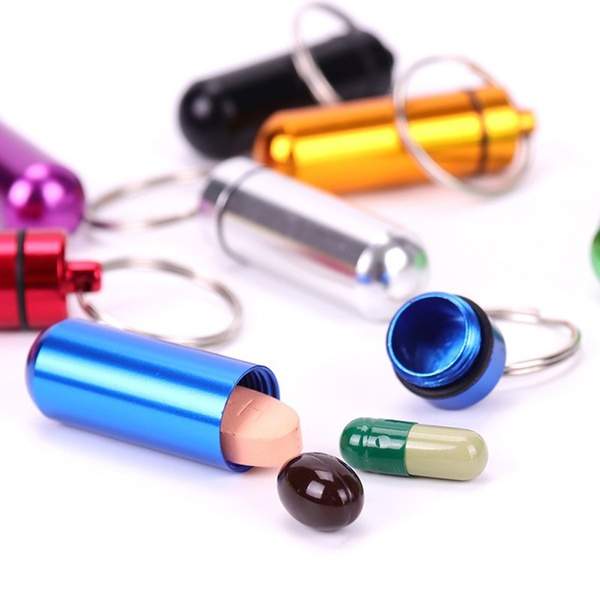 Waterproof Aluminum Metal Pill Box Case Organizer with Keychain Outdoor Medicine Bottle Key Ring