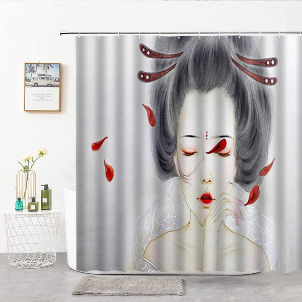 Yang66tht Japanese Shower Curtain Y Japan Geisha Woman Red Petals Falling Lips Decoration Gray Background Polyester Cloth Fabric Bathroom Curtains Decor Set With Hooks 59 72inches Wish Yang66tht Japanese Shower Curtain Y, Japanese Shower Curtain
