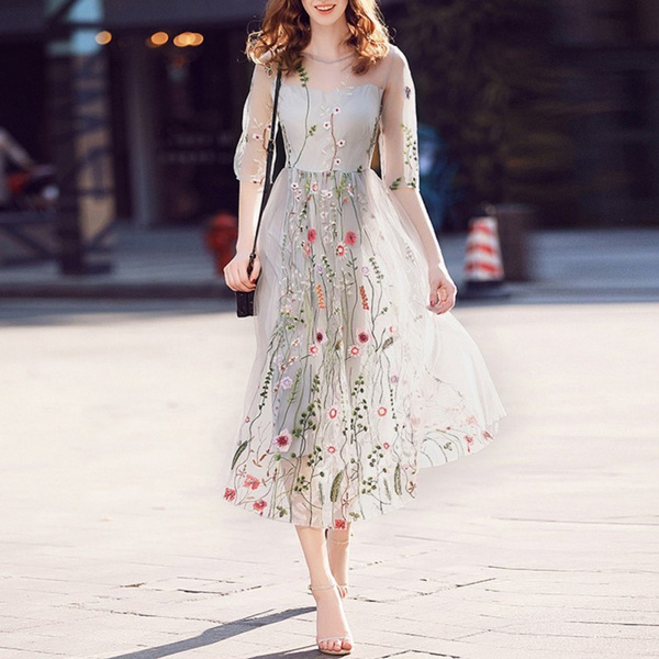 sheer floral embroidered dress