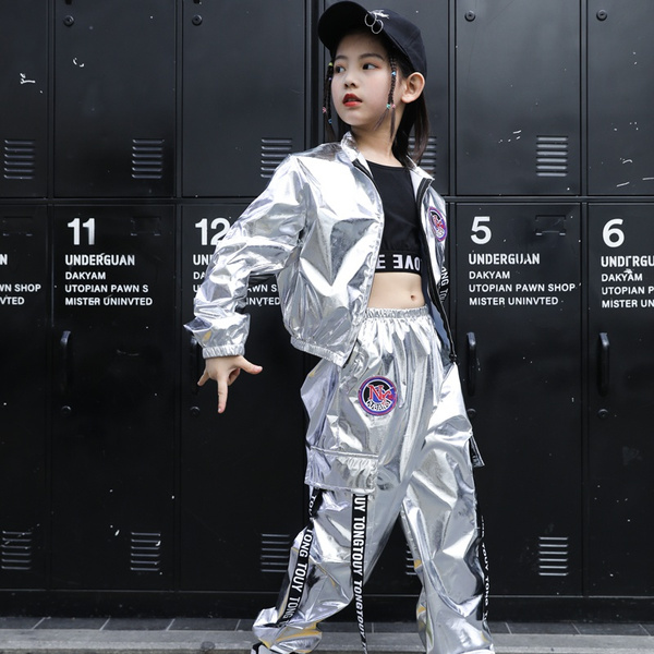 Boys Hip Hop Girls Leather Jacket +Jogger Pants Two-Piece Sets Kids Sequins  Street Dance Skirt Outfits Teens Shining Child Costume Streetwear