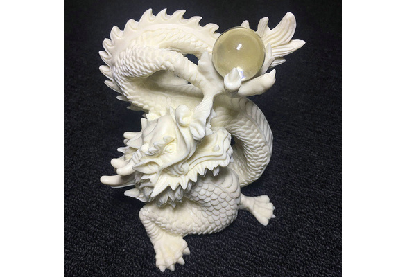 Dragon Statue White Hand Carved Disc Dragon Play Bead Sculpture Home  Decoration