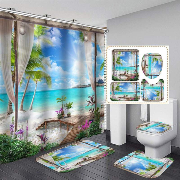 Ocean Shower Curtain Set Non-slip Bath Mat Pedestal Toilet Seat Cover Lid Rug