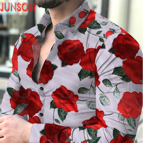 Fashion Large Rose Print Flower Shirts for Men, Long Sleeved