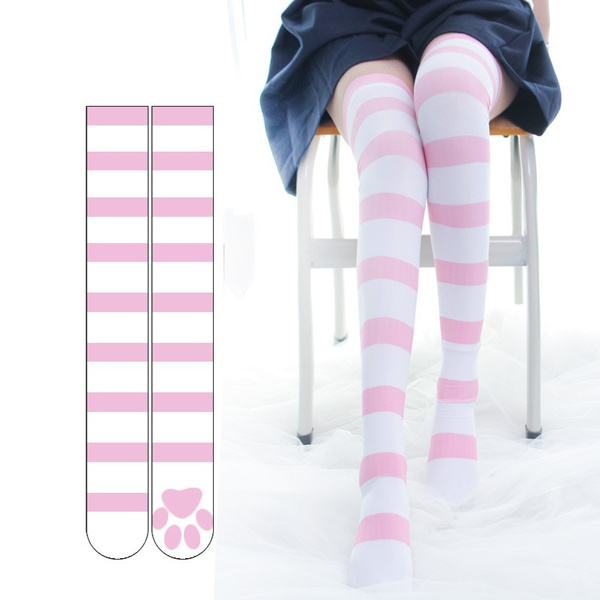 Pink Strip Kawaii Cat Paw Print Stockings Lolita Gothic Velvet Overknee  Thigh High Long Stockings Cosplay Girls Socks