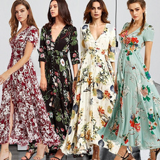 Plus Size, Print Dresses, Necks, long dress