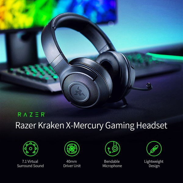 Razer Kraken X Mercury Gaming Headset 7.1 Surround Sound Headset with Bendable Cardioid Microphone 40mm Driver Unit