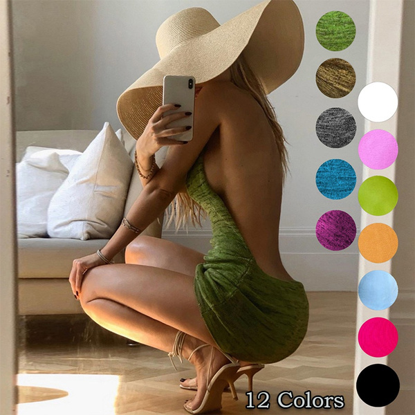 Women/’s Mini Dress Knitted Backless Halter Sleeveless Shinny Club Party Holiday Beach Bodycon Dress