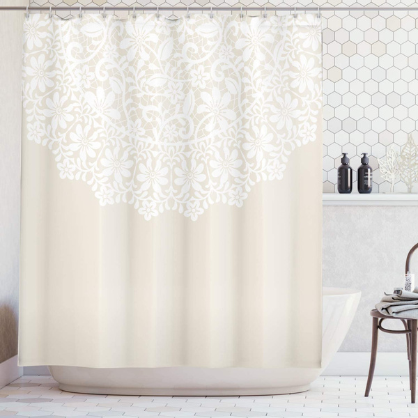 Phgtyll Cream Shower Curtain Mandala Inspired Round Motif In Half Ornamental Flowers Graphic Lace Border Print Fabric Bathroom Decor Set With Hooks 59x72inch Extra Wide Tan White Wish Phgtyll Cream Shower Curtain Mandala, Half Round Shower Curtains