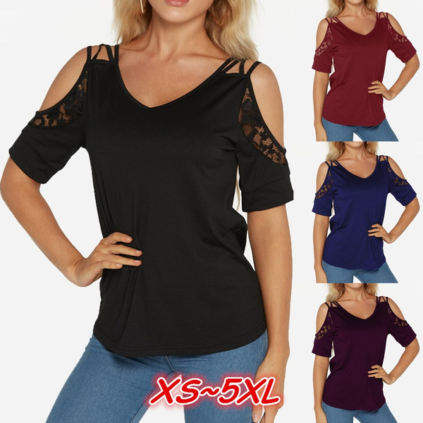 Womens Off Shoulder Short Sleeve Lace Tops Summer Solid Color Plus Size Blouse Shirt 