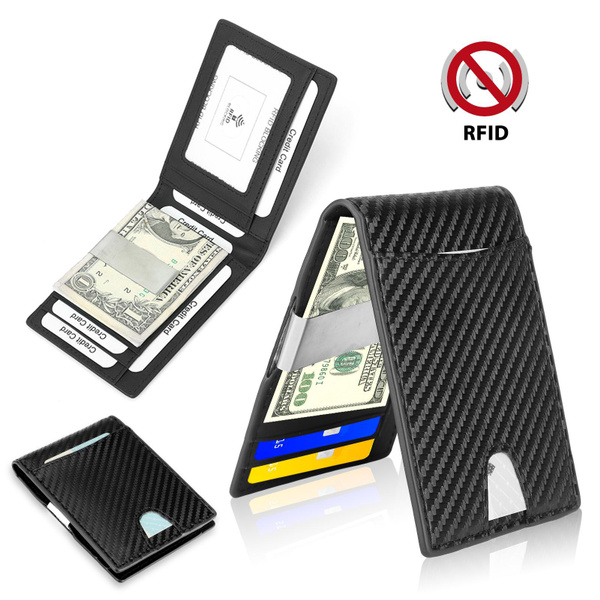 Mens Carbon Fiber RFID Blocking Clip Wallet Money Slim Credit Card