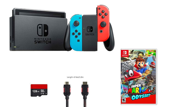 Nintendo Switch 3 items Bundle:Nintendo Switch 32GB Console Neon Red and  Blue Joy-con,64GB Micro SD Memory Card and Super Mario Odyssey Game Disc 