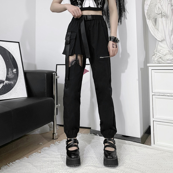 YCNYCHCHY Chic Black Zipper High Waist Goth Pants Women Streetwear