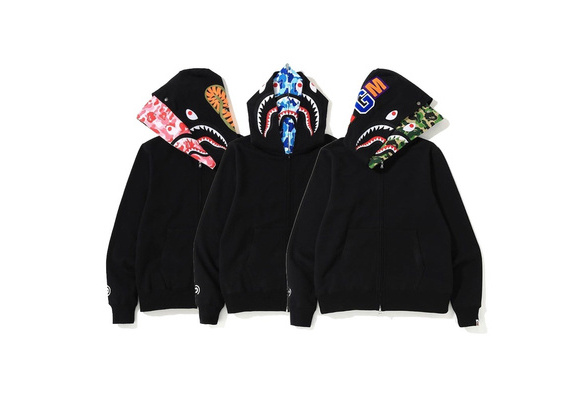 2021 New Bape Shark Camouflage Double Hat Zipper Jacket Shark