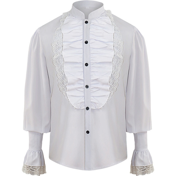 White Cotton Ruffles Stand Collar Lantern Sleeve Victorian Goth Shirt ...