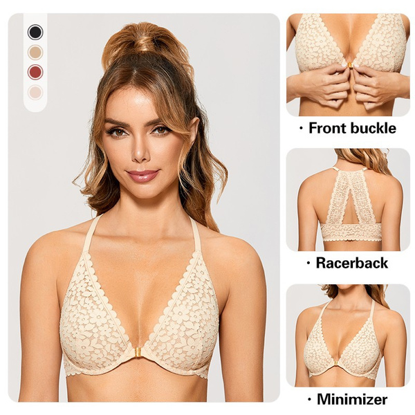  Womens Front Closure Racerback Bras Plunge Unlined
