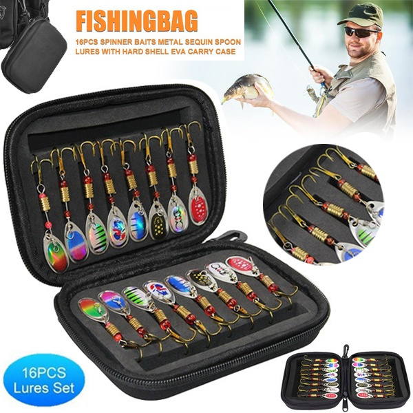 NEW 16pcs Spinner Baits Metal Sequin Spoon Lures with Hard Shell EVA Carry  Case Plastic Fishing Lure Box Hooks Case Fishing Accessories