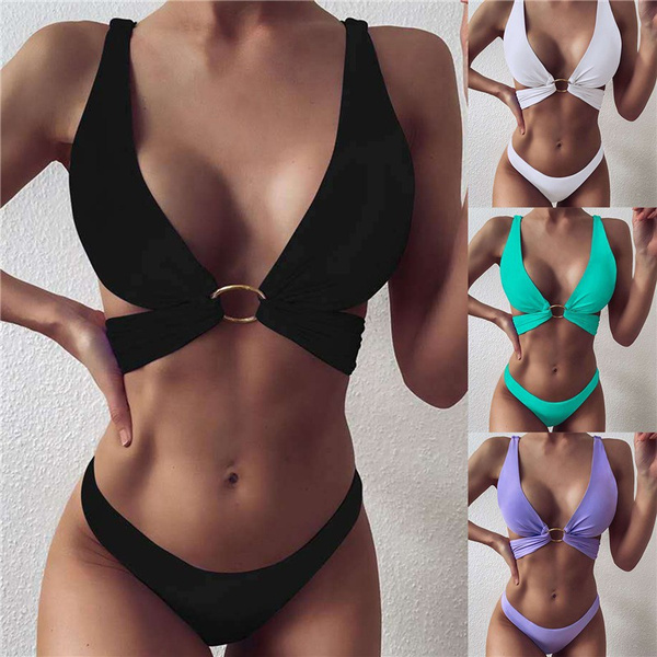 Women Fashion Swimsuit Female Double-sided Nylon Solid Color Strap Sexy  Split Bikini New Swimwear | Wish