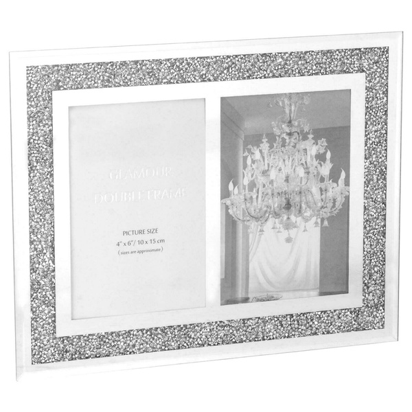 GLAMOUR MIRRORED CRUSHED CRYSTAL DIAMOND,DOUBLE PHOTO FRAME,TWO 6X4 PHOTO SILVER 