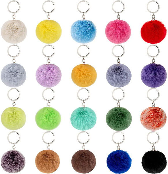 20 Pieces Pom Poms Keychain Pom Poms Fluffy Balls Rabbit Faux Fur Pom