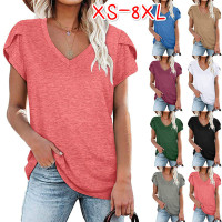 XS-6XL Womens Fashion Plus Size Clothing Summer Tops for Woman Casual Short  Sleeved T-shirts Solid Color Pleated Blouses Ladies Loose Cotton Shirts