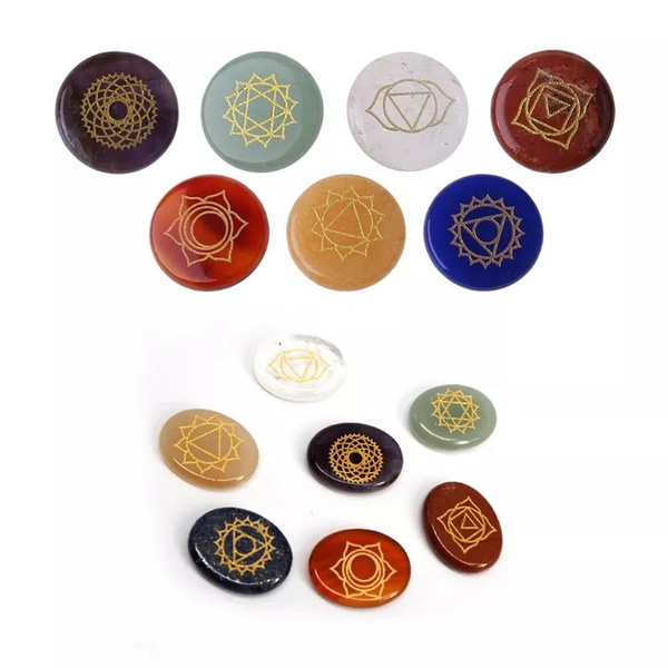 7 Pcs/set Chakra Stones 2.5MM Engraved Symbols Polished Palm Stone ...