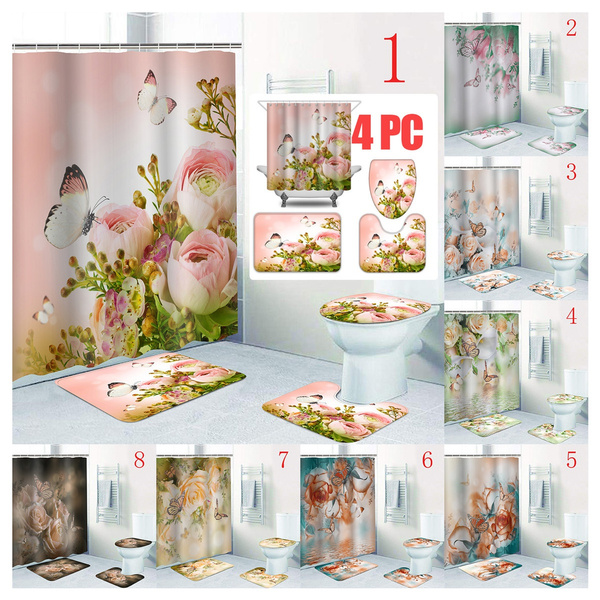 Bath Accessories Set Pink Flowers Shower Curtain Home Bath Decor