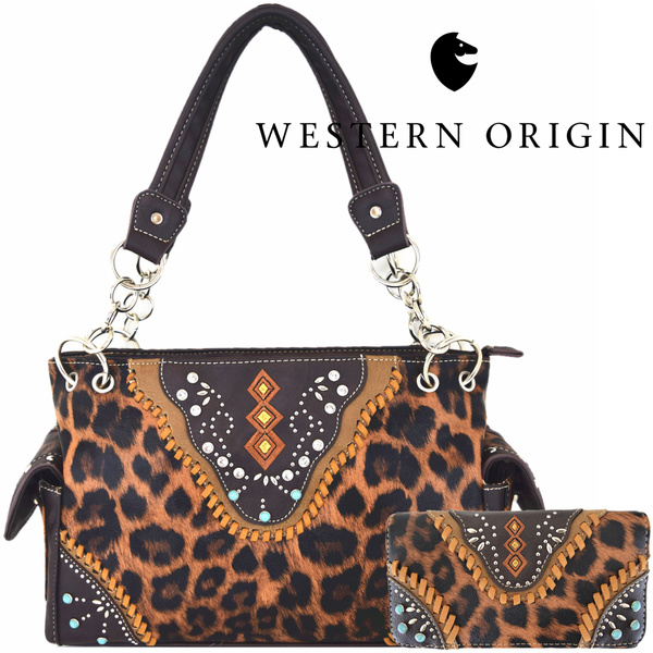 Leopard Print Cheetah Western Style Concealed Carry Purse Tribal Handbags  Country Shoulder Bags Wallet Set Brown