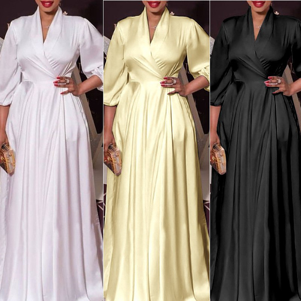 Women Long Sleeve V Neck Satin Silk Ball Gowns Elegant Formal